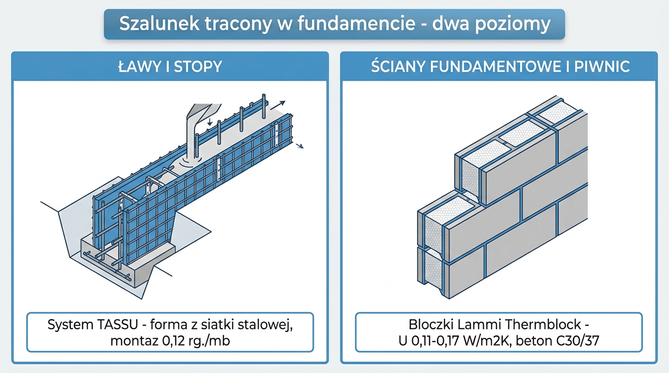 Dwa poziomy szalunku traconego w fundamencie: forma TASSU do ław i st&oacute;p oraz bloczki Lammi Thermblock do ścian fundamentowych i piwnic
